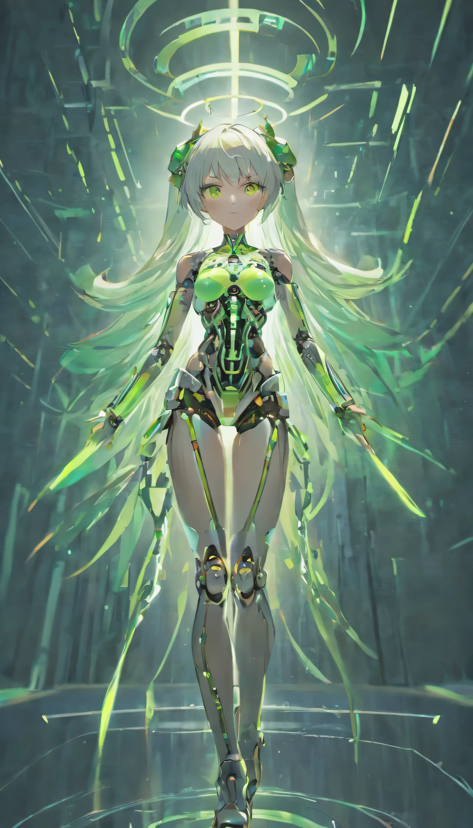 Android woman,Translucent plastic body，With robot skeleton,Carbon Texture,Plastic Surface,Shining eyes of serenity,Asymmetrical spiked hair,Gray Hair,Green Eyes,From wlop,Realistic,8k,High resolution,Stable Diffusion XL,Extreme art style,pretty girl