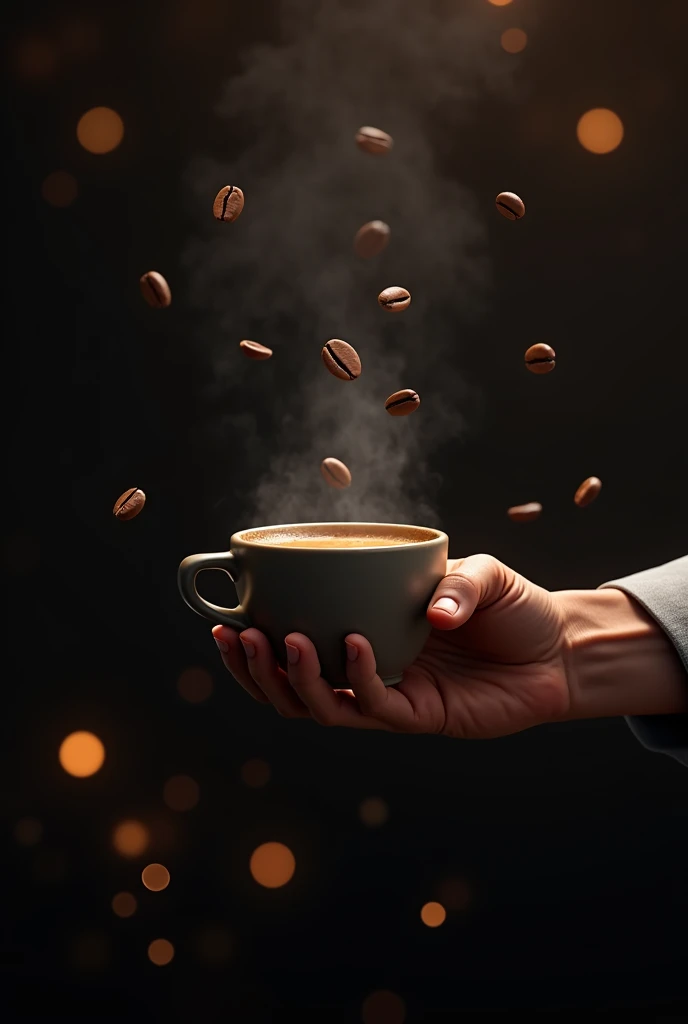 The image of a male hand holding a cup of coffee with several coffee beans floating around the man is very realistic and on a black background with glowing lights. 