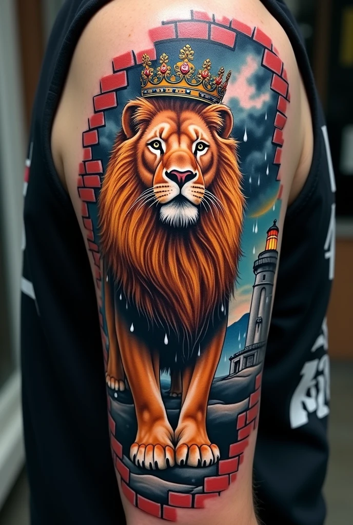 Name Daniel Reigadas Leon.Tattoo of a lion with a crown surrounded by bricks and incredible colors in hyperrealistic 8k quality,tattoo,a lighthouse in the background and the mountain, sunny and rainy,Storm,good heavens,thunders,cyberpunk.