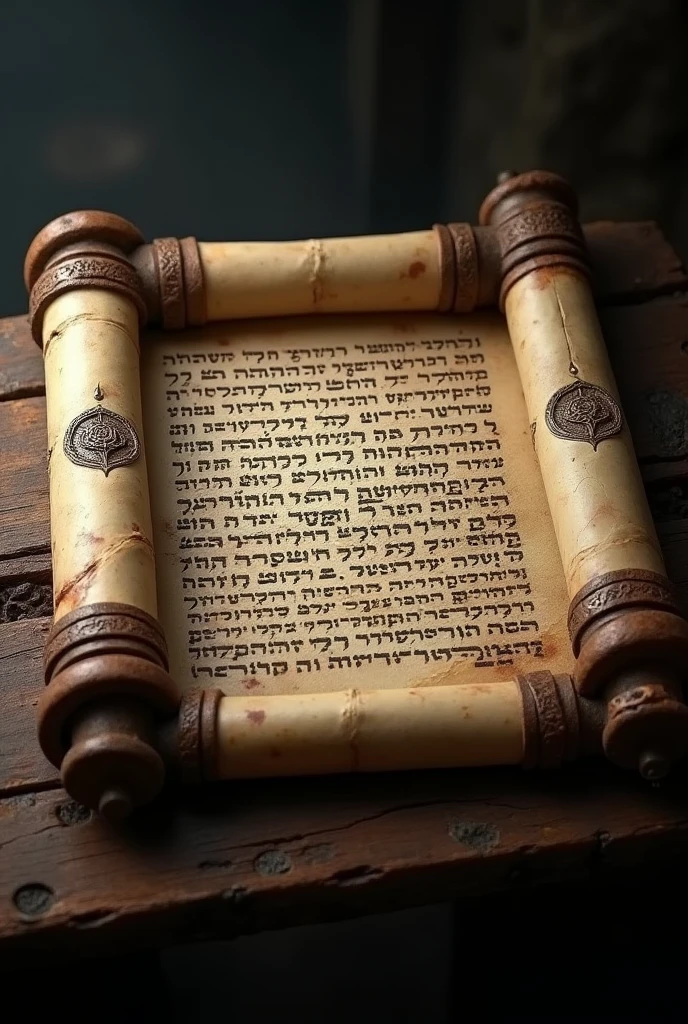 (photorealism:1.2) A scroll with seven seals, written in hebrew from inside out and on the reverse, closed with seven seals, must be rolled up