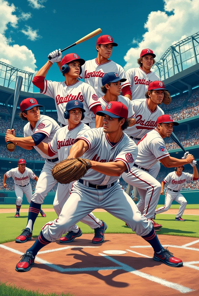 I want a dynamic Japanese manga-style illustration featuring 9 baseball players, each in an action pose of batting or pitching.