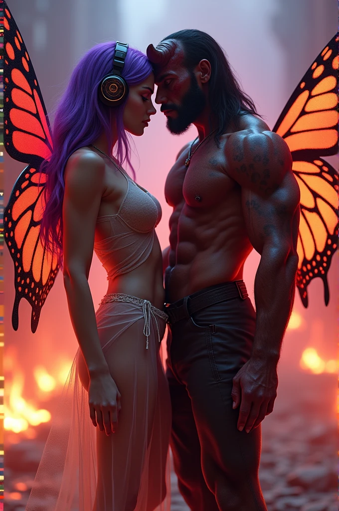 Korean purple hair butterfly woman with headphone and transparent outfit and hell boy demon boyfriend all on fire 