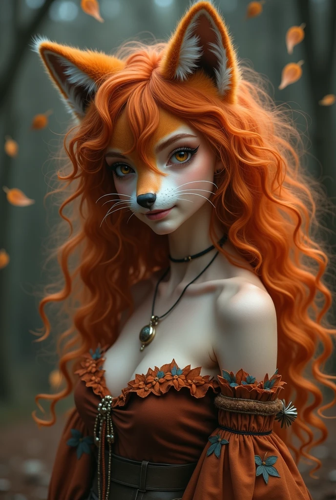 many, human body, wolf ears, fluffy, small breasts, small waist, orange hair, with orange spots on its white fur,
