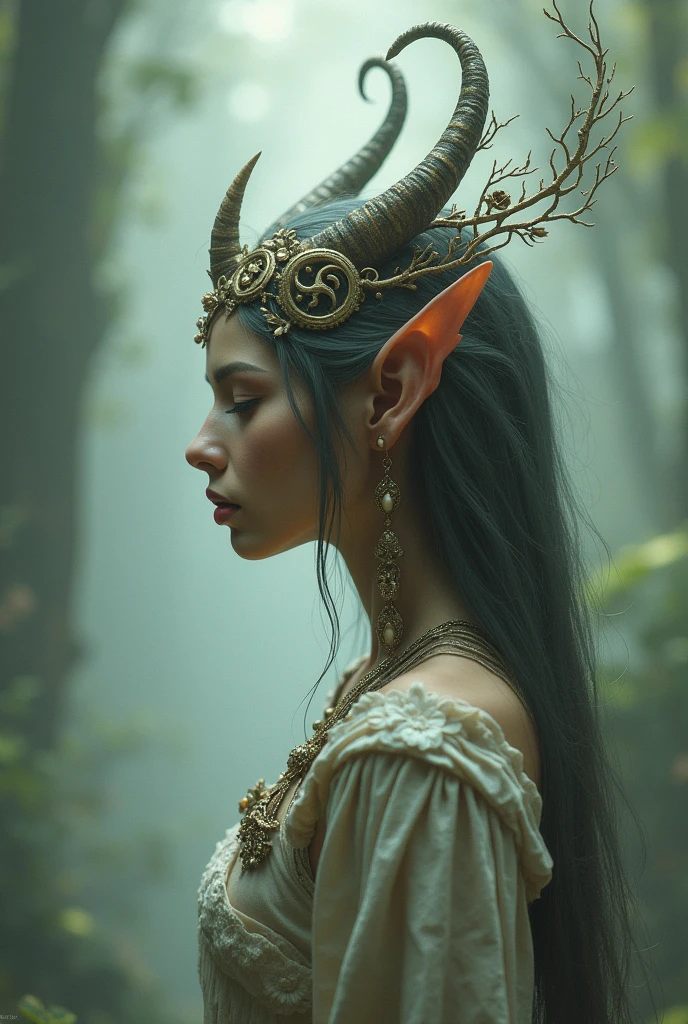 An elf seen from the side with a horn and some ornaments on her head