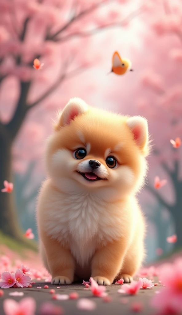 cute smiling pomeranian puppy standing upright, big expressive eyes, adorable facial expression, disproportionately large head compared to body, short stubby limbs, glossy fur, playing among cherry blossom trees with colorful birds and butterflies in the background, best quality, 8k, hyperdetailed, masterpiece, photorealistic, vivid colors, studio lighting, dynamic lighting, depth of field