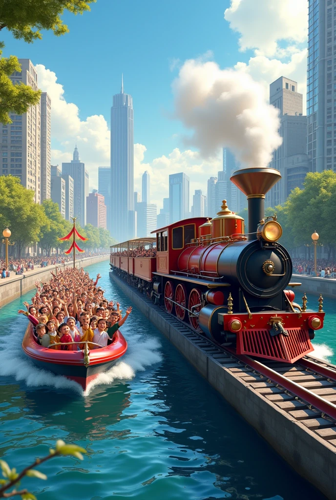 Create an image in the urban environment with a modern locomotive on rails next to a boat on a river full of happy and waving tourists and passengers. Very realistic and maximum quality image.