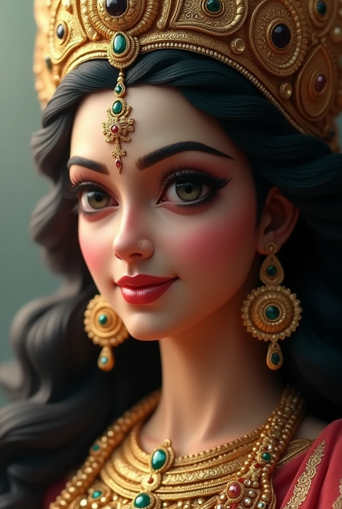 "Create an ultra-realistic close-up image of Goddess Durga's face, emphasizing her divine beauty and serene expression. Her skin should be flawlessly smooth with a luminous, radiant glow. Her features should be exquisitely delicate—large, expressive eyes that convey wisdom and compassion, a perfectly sculpted nose, and full, serene lips forming a gentle, confident smile. Her long, dark hair should be styled elegantly, with a portion cascading gracefully around her face.
She should be adorned with a richly designed golden crown, intricately detailed with precious gemstones and symbolic motifs. The background should be softly blurred, focusing on her divine visage, with a subtle, ethereal light that enhances her celestial beauty. The overall effect should capture the essence of Goddess Durga’s grace, power, and transcendent allure in an intensely realistic manner."