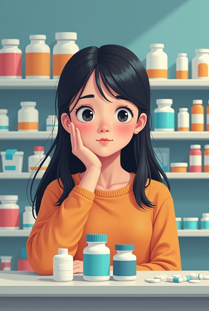 Make a poster about a wise and intelligent girl choosing what to buy between two products (one is fake and the other one is real) in medicines and she is looking at the right and real product
