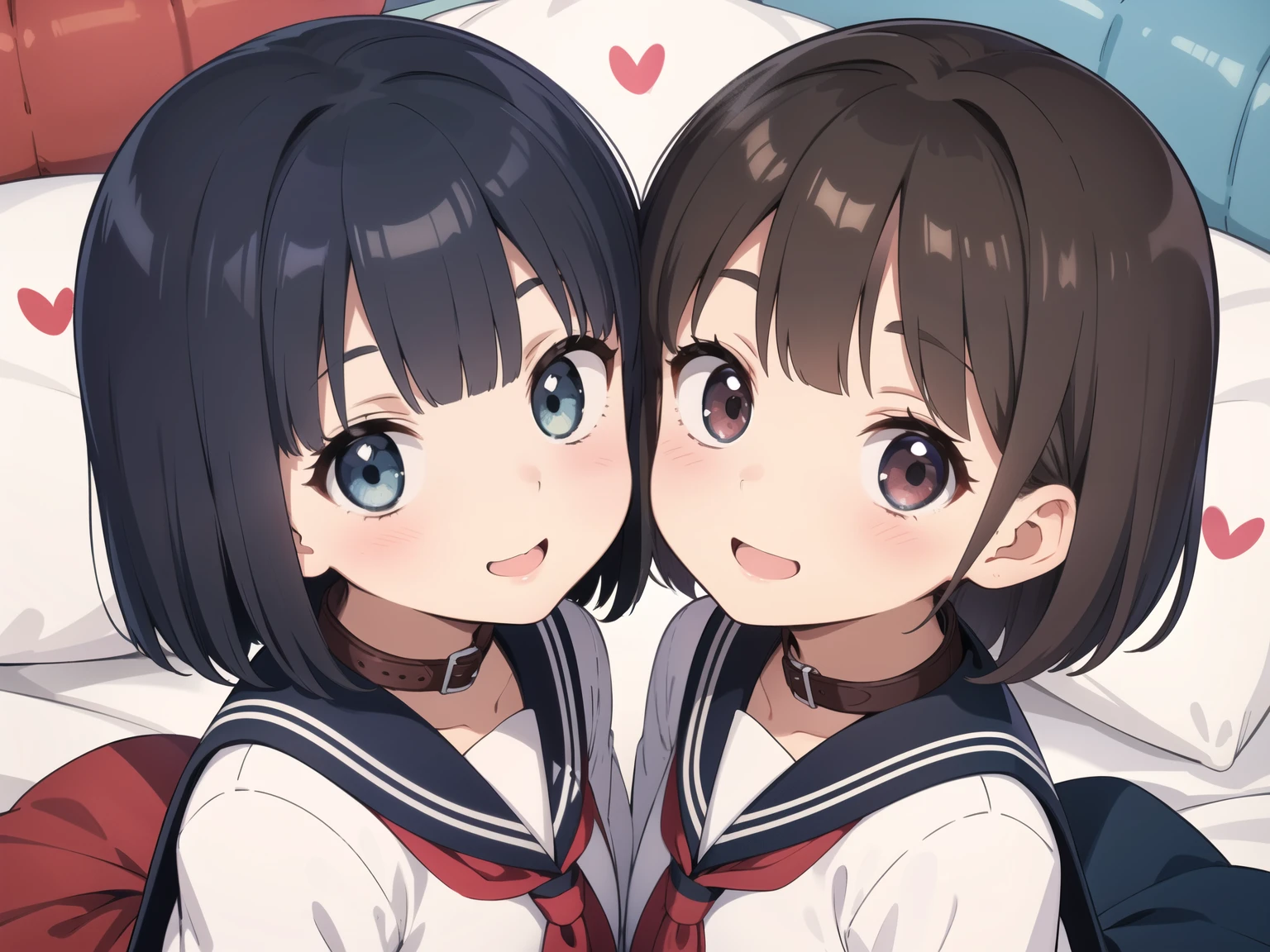 Cute little twins,2 girls,,On the bed,Black Hair,Bob Hair,Excessively thin body,Micro Mini,smile,Close-up of face,smile,Detailed facial depiction,Beautiful gray eyes,Eyes are hearts,Red leather collar,Navy blue sailor blouse,symmetry,Open your mouth and whisper,((Angle from directly above)),Upward gaze,
