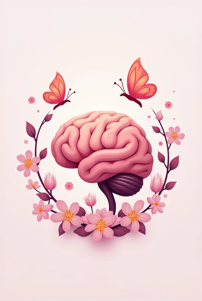 A logo for a speech therapy professional with Neurodevelopmental characteristics; transformation and evolution , speech and language. colors in shades of pink. Brain. flowers and butterflies