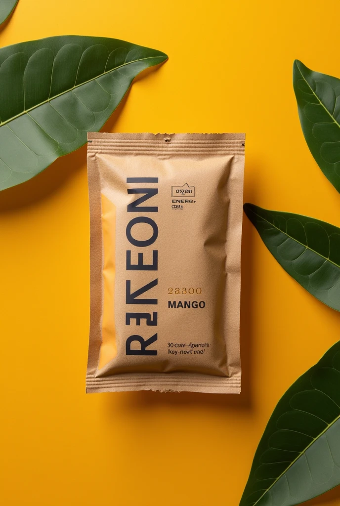 can you add label using black fonts to my 5.5cm width x 15cm height brown kraft paper packaging strip. The label should include brand name “RazeOn”, product name “Energy Gel”, flavor “Mango” and net weight “30 grams”.