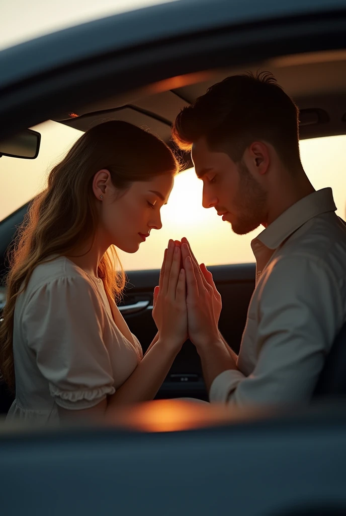 ((Best Quality)), ((masterpiece)), (detailed) A beautiful couple in a car praying ((realistic photography, 8k)) 