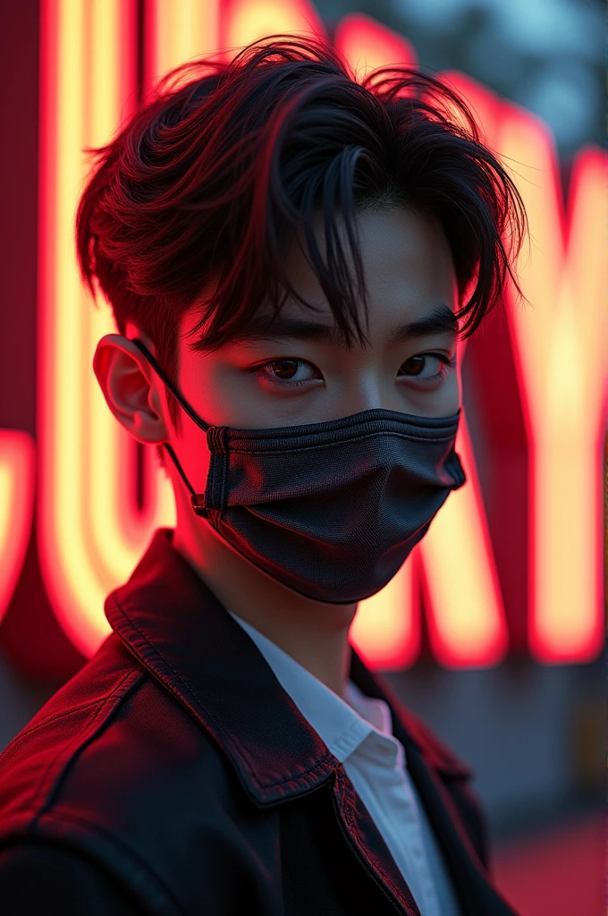 Korean boy wearing mask and letter lucky behind him