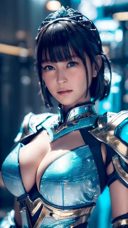 Highest quality, masterpiece, shape, (Realistic, photo-Realistic:1.37), wonderful, In detail, Unbelievably absurd, Large file size, Very detailed, The girl is pure and young々Has a cunning look. Armor detailing has been added to the shoulders and head.、There are some brilliant highlights, 技術パネルとMechaニズム. She stands against a futuristic cityscape lit up with vibrant neon lights..、Standing full of energy。.(Wide-angle shot, 1 female, Mecha, Glowing blue-black eyes, Very cute face, (Realistic:1.37), バイオMechaニカル, Spaceship interior bokeh background, Ultra-realistic, Very detailed, Very intricate details, Beautiful woman in focus),