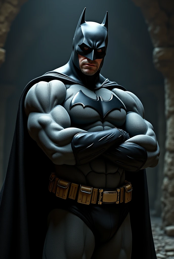 face focus shot, 1 man, solo, Ben Affleck as Batman, tall, hunk, muscular, bulk, wide shoulder, photorealism, smirking face, crossed arms, (leaning onto a wall), dark dirty grey suit, dark grey arms, ((no mask)), mask off, black hair, black gloves, best quality, masterpiece, high resolution:1.2, black cape, high detailed mask, high detailed suit, high detailed face, award winning, night time, a dark cave in the background, indoors