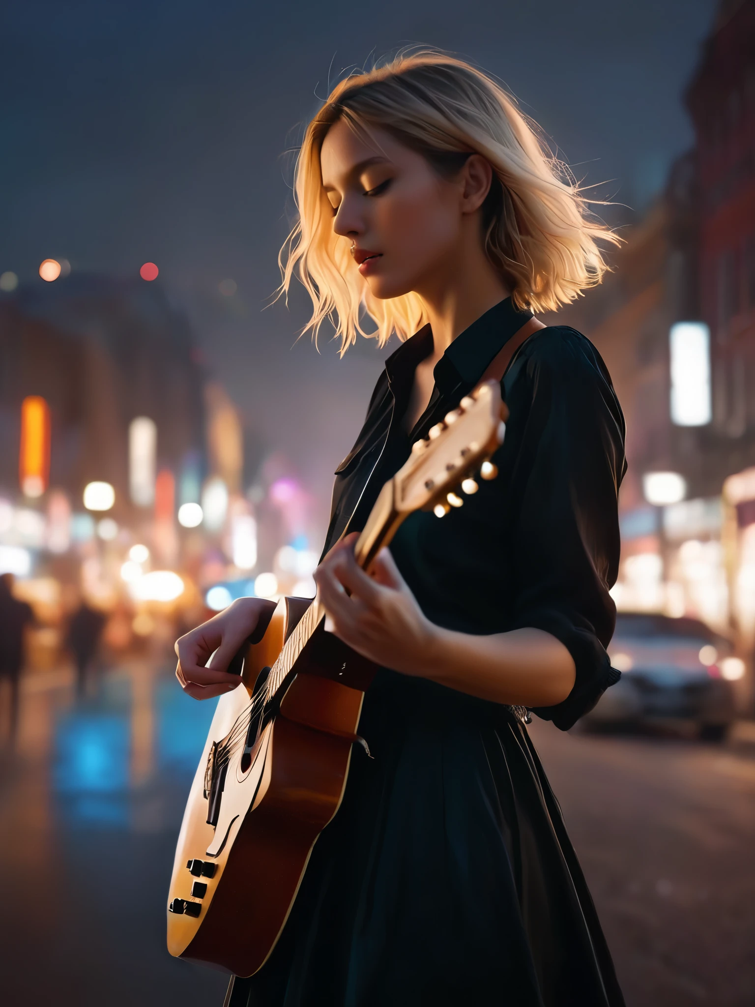 ((Masterpiece in maximum 16K resolution):1.6),((soft_color_photograpy:)1.5), ((Ultra-Detailed):1.4),((Movie-like still images and dynamic angles):1.3) | ((double contact):1.3), ((Beautiful Blonde Female Musician silhoutte effect):1.2), ((Superimposed on Pretty Female):1.1)《dark city sky》Agnes Cecile, Jeremy Mann, Oil and ink on canvas, fine dark art, super dramatic light, photoillustration, amazing depth, the ultra-detailed, iridescent black, superfluous dreams, intricately details, amazing depth, Amazing atmosphere, Mesmerizing whimsical vibrant landscapes, ((Female musician playing guitar):1.5), Maximalism ((beautiful outside, Ugly inside, pressure and pain, beauty and despair, hard and soft, positive and negative, hot and cold, Sweet and sour, Vibrant but boring, Perfect harmony, light and shadows, old and young, Black and white, Corresponding color, loud and quiet, Chaos and peace, life and death):1.2) The complex masterpiece of a real-time engineering leader. | Rendered in ultra-high definition with UHD and retina quality, this masterpiece ensures anatomical correctness and textured skin with super detail. With a focus on high quality and accuracy, this award-winning portrayal captures every nuance in stunning 16k resolution, immersing viewers in its lifelike depiction. | ((perfect_composition, perfect_design, perfect_layout, perfect_detail, ultra_detailed)), ((enhance_all, fix_everything)), More Detail, Enhance. | (((perfect_fingers))), (((perfect_legs))), (((perfect_hands))),((寝ながらギターを弾く:1.5))