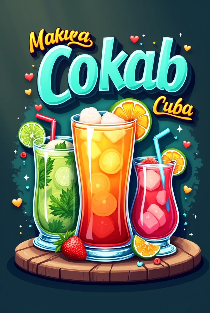 I want a logo with the name cokti xpress jeikob that shows my contact number below 0998604830 with bright colors that say flavors mojito daiquiri cuba libre