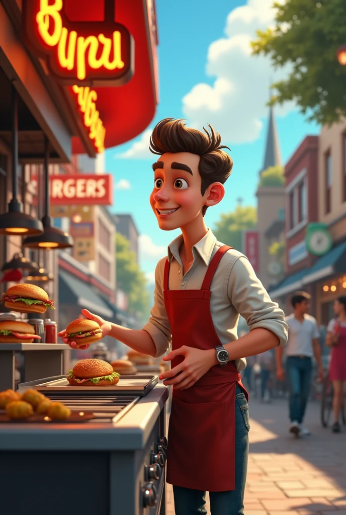 Max is seen opening his burger shop and setting up.