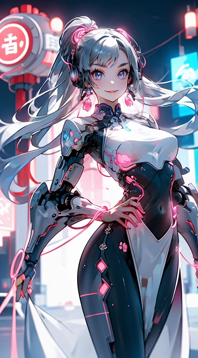 1 girl, Chinese_cloth, liquid silver and pink, Cyberhan, chönsam, cyberpunk city, dynamic pose, Glowing headphones, Luminous hair accessories, long hair, Glowing earrings, Luminous necklace, cyberpunk, High-tech city, full of mechanical and Futuristic elements, Futuristic, technologies, glowing neon, pink, pink light, Sheer tulle, Transparent streamers, laser, Digital Background City Sky, big moon, with vehicles, Best quality, masterpiece, 8 K, Character Edge Light, super highly detailed, high quality, the most beautiful woman among people, smiling slightly, face facing forward, Symmetry on the left and right, ear decoration, beautiful pupil lighting effects, Visual data, Silver-white hair, hair is not dirty, long hair over the waist, Glowing electronic clock, Deep eyes, happy, English drawing