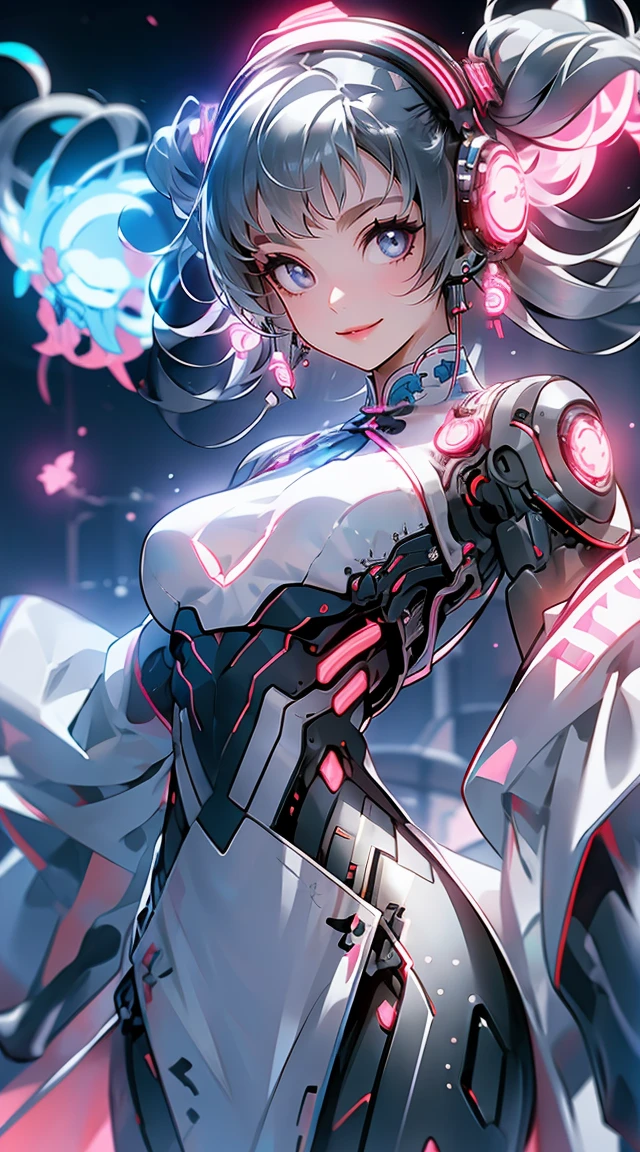 1 girl, Chinese_cloth, liquid silver and pink, Cyberhan, chönsam, cyberpunk city, dynamic pose, Glowing headphones, Luminous hair accessories, long hair, Glowing earrings, Luminous necklace, cyberpunk, High-tech city, full of mechanical and Futuristic elements, Futuristic, technologies, glowing neon, pink, pink light, Sheer tulle, Transparent streamers, laser, Digital Background City Sky, big moon, with vehicles, Best quality, masterpiece, 8 K, Character Edge Light, super highly detailed, high quality, the most beautiful woman among people, smiling slightly, face facing forward, Symmetry on the left and right, ear decoration, beautiful pupil lighting effects, Visual data, Silver-white hair, hair is not dirty, long hair over the waist, Glowing electronic clock, Deep eyes, happy, English drawing