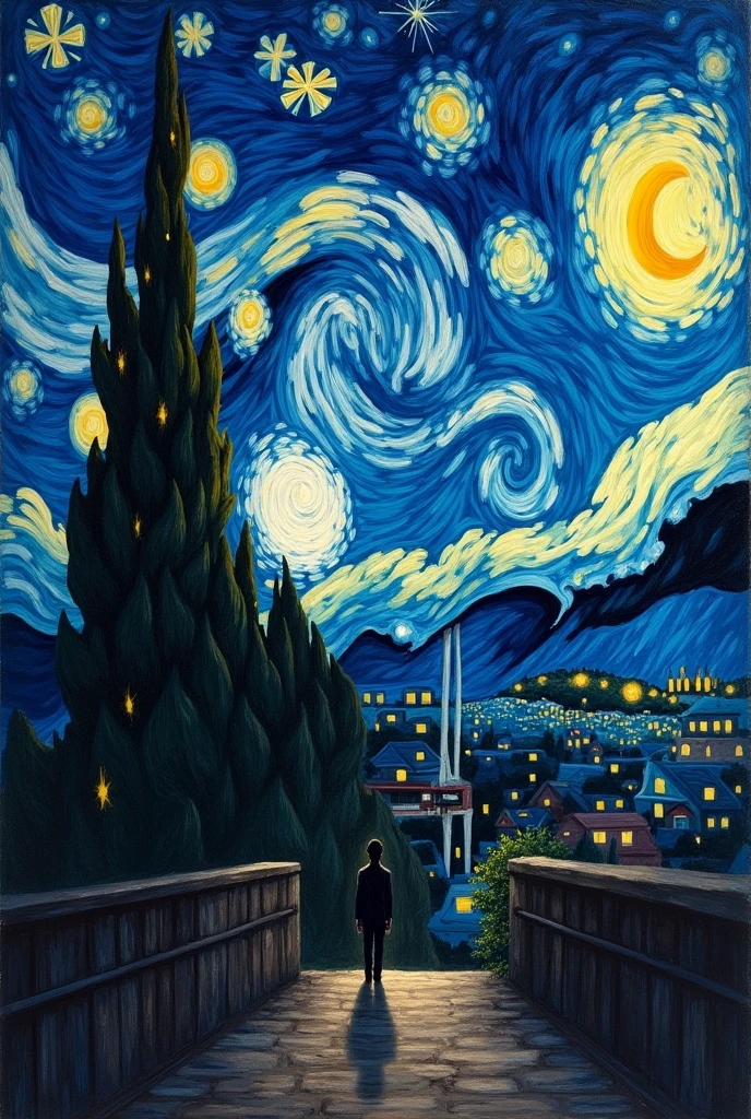 A piece of art of impressionism, in which we can see a very light starry night seen from a second floor of a building. There's also a magnificent and dark tree with a curly movement on the left side of the picture. In the backgrond, behind the tree and under the starry sky there's a village that's being enlightened by the large, beautiful and waning moon, that with its powerful yellow colour, is enchanting the whole scapeland. In this picture we can clearly see the melancoly introspective and the swirling feelings of a solitary artist