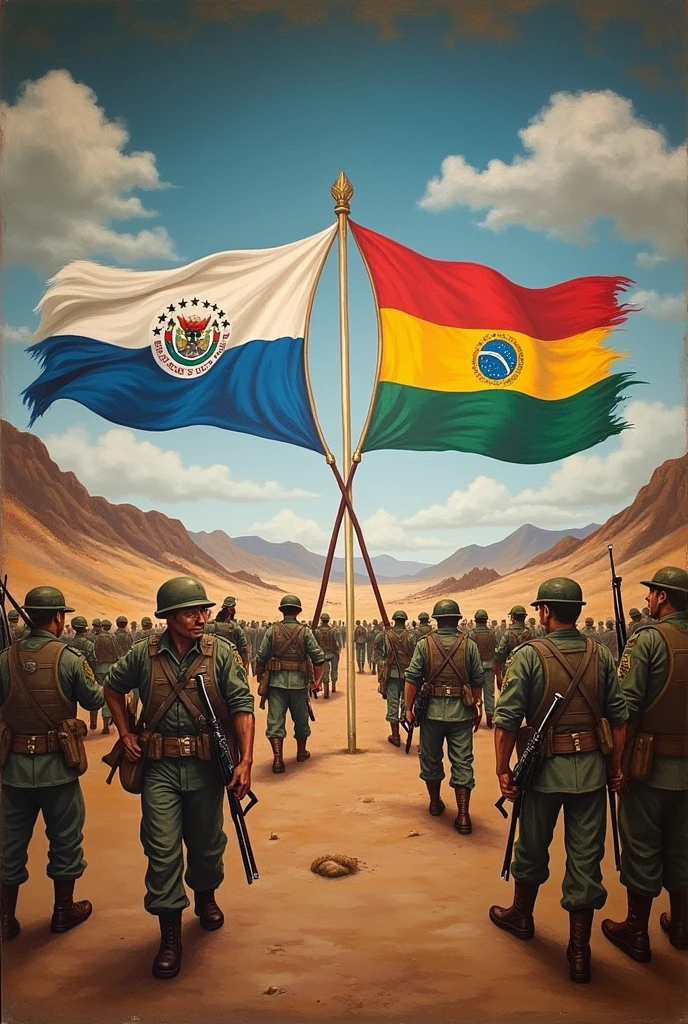 Here's a prompt in English for the mural sketch:

"A painted mural depicting the Chaco War between Paraguay and Bolivia (1932-1935). The mural should feature a barren battlefield with soldiers from both sides in combat. In the center of the mural, prominently displayed and uniting both sides, are the flags of Paraguay and Bolivia, waving side by side. The flags cross in a symbol of reconciliation and respect. In the background, there are mountains and the Gran Chaco, with cloudy skies reflecting the tension of the conflict. On the sides of the mural, scenes of daily life for soldiers and civilians affected by the war are depicted. The colors should be strong and contrasting, with an emphasis on earthy tones and the national colors of both flags."