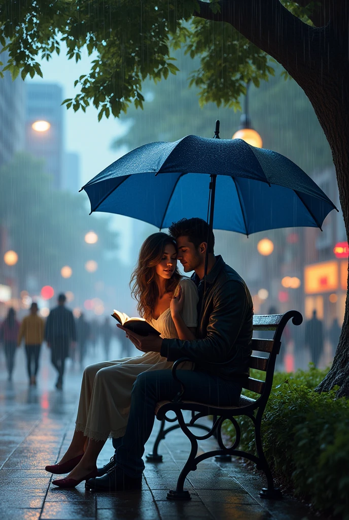 A man holding a woman is shoulders and the are siting on a banch and he reading a book and the climate is rainy and under the umbrella and other people and runing to shopes . The falling heavy rain surround a tree umbrella colour is blue and the dressing is aa bad boy style