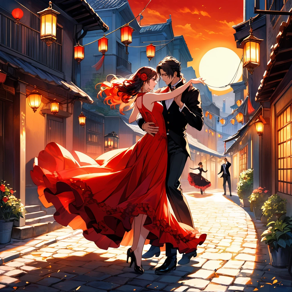The scene depicts a couple dancing flamenco under a bright full moon, their movements full of emotion and power. The woman’s dress is a vibrant red, flowing with her every step, while the man’s posture is strong and confident. The background is a narrow cobblestone street, with old buildings and lanterns casting a warm, golden light. The colors should be deep and rich, with a focus on reds, golds, and blacks, to emphasize the drama and passion of the moment