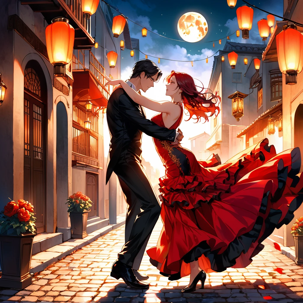 The scene depicts a couple dancing flamenco under a bright full moon, their movements full of emotion and power. The woman’s dress is a vibrant red, flowing with her every step, while the man’s posture is strong and confident. The background is a narrow cobblestone street, with old buildings and lanterns casting a warm, golden light. The colors should be deep and rich, with a focus on reds, golds, and blacks, to emphasize the drama and passion of the moment