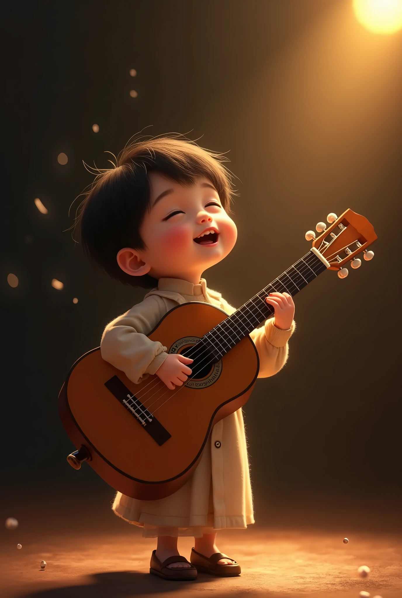 A young, diminutive musician with a tender face, adorned with a slight, endearing smile, holds a classical guitar with precision, standing confidently on a dimly lit stage, bathed in the warm, golden light of a solitary soft spotlight, their expressive eyes closed in ecstatic concentration, face tilted upwards, radiating an intense, emotional connection with the music, as if the notes themselves are dancing across their skin, their smooth, pale skin glowing softly in the gentle illumination, with a few scattered strands of dark hair framing their round, ethereal face, the guitar's rich, brown wood and intricate frets complementing the musician's simple yet elegant attire, lost in the thrill of performance, as the shadows around them dissolve into an atmosphere of pure, unbridled passion.