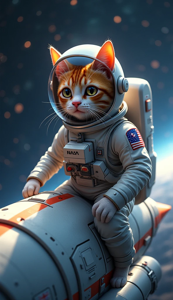 a highly detailed anthropomorphic cat astronaut (((riding on a sardine spaceship:1.5))) in deep space, There are many stars in space, the cat is wearing an astronaut helmet:1.3, the NASA logo is on the astronaut suitbeautiful detailed eyes, beautiful detailed lips, extremely detailed eyes and face, long eyelashes, intricate details, cinematic lighting, vibrant colors, dramatic atmosphere, epic sci-fi, photorealistic, 16k, best quality, masterpiece,