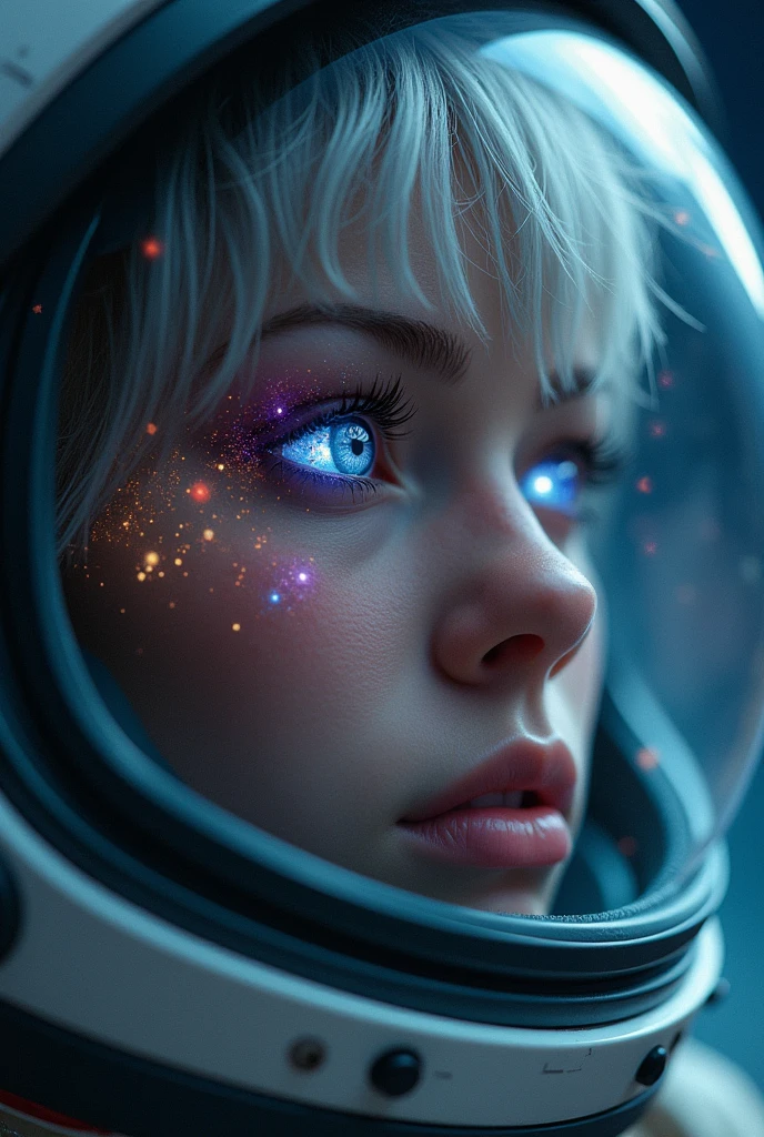 (Close-up of a better masterpiece:1.5)0.9], (Space and astronauts:1.2) (Messy silver hair:1.1) (Heterochromia xanthochromia and blue eyes:1.2) (Space Helmet:1.0) (Colored stars in the eyes:1.0) (A radiant glow:1.1) (thick lips:0.9)