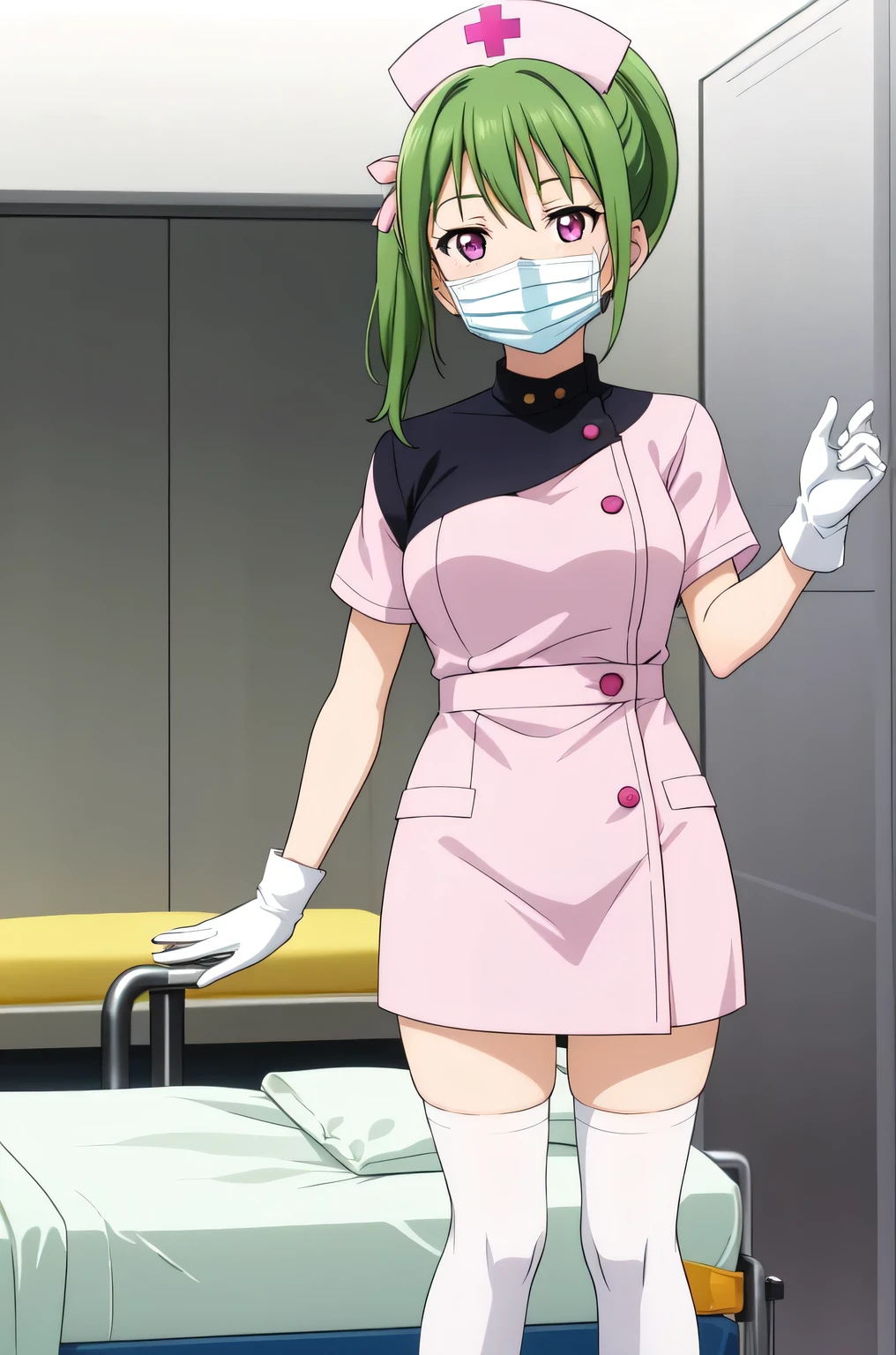 1girl, solo, nurse, nurse cap, white nurse uniform, ((white legwear, zettai ryouiki)), white gloves, ponytail, green hair, pink eyes, ((white surgical mask, covered nose)), standing, ((hospital room)), sharp outline, short sleeves, best quality, masterpiece