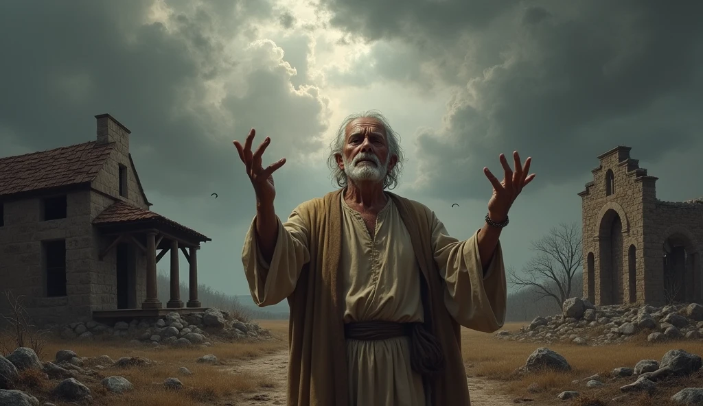 Elderly man with a sad face with his hands raised in the cloudy weather style of the Bible's time at the farm, burned plantation and wall in ruins