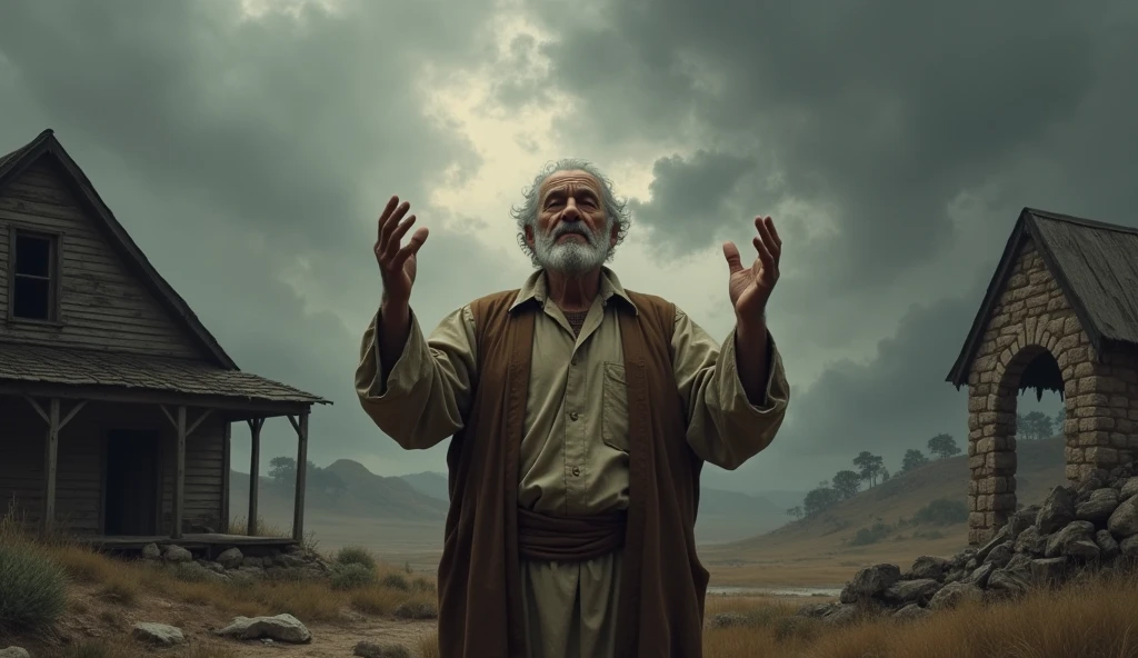 Elderly man with a sad face with his hands raised in the cloudy weather style of the Bible's time at the farm, burned plantation and wall in ruins
