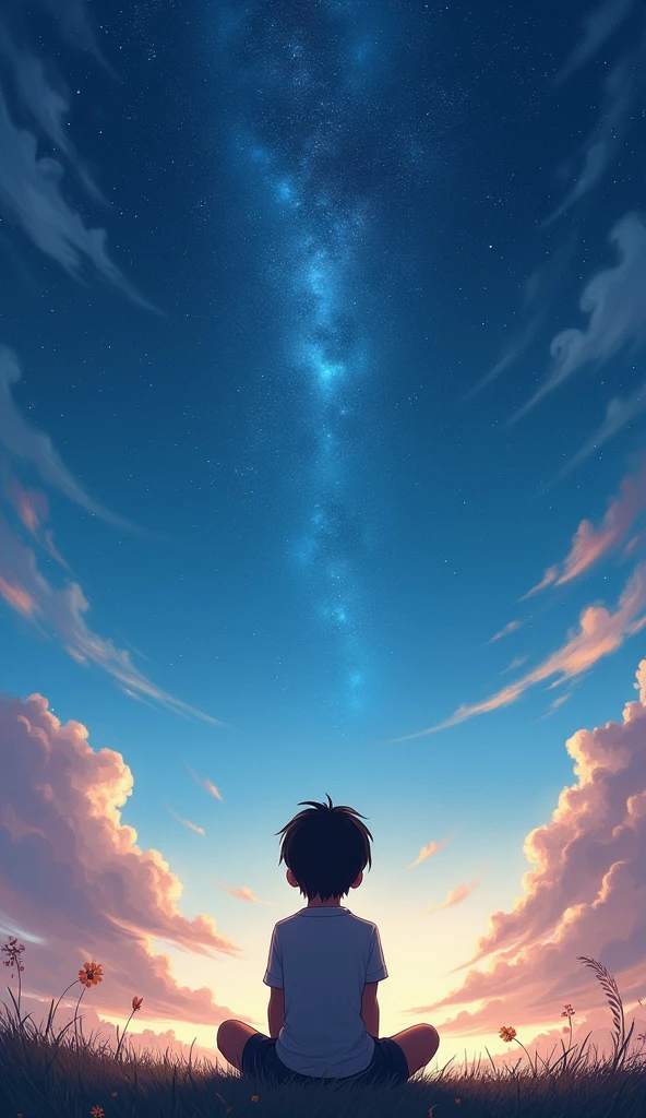 The image features a young boy sitting on the ground, looking up at the starry sky. The time of day appears to be either dawn or dusk, as indicated by the soft lighting and the presence of clouds in the sky.