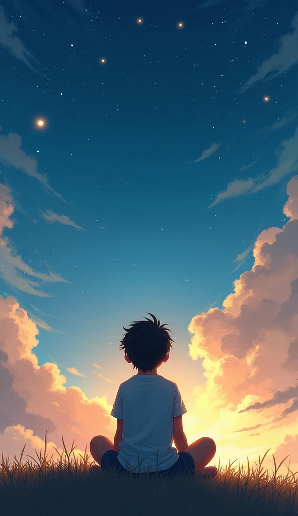 The image features a young boy sitting on the ground, looking up at the starry sky. The time of day appears to be either dawn or dusk, as indicated by the soft lighting and the presence of clouds in the sky.