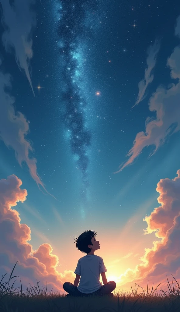 The image features a young boy sitting on the ground, looking up at the starry sky. The time of day appears to be either dawn or dusk, as indicated by the soft lighting and the presence of clouds in the sky.