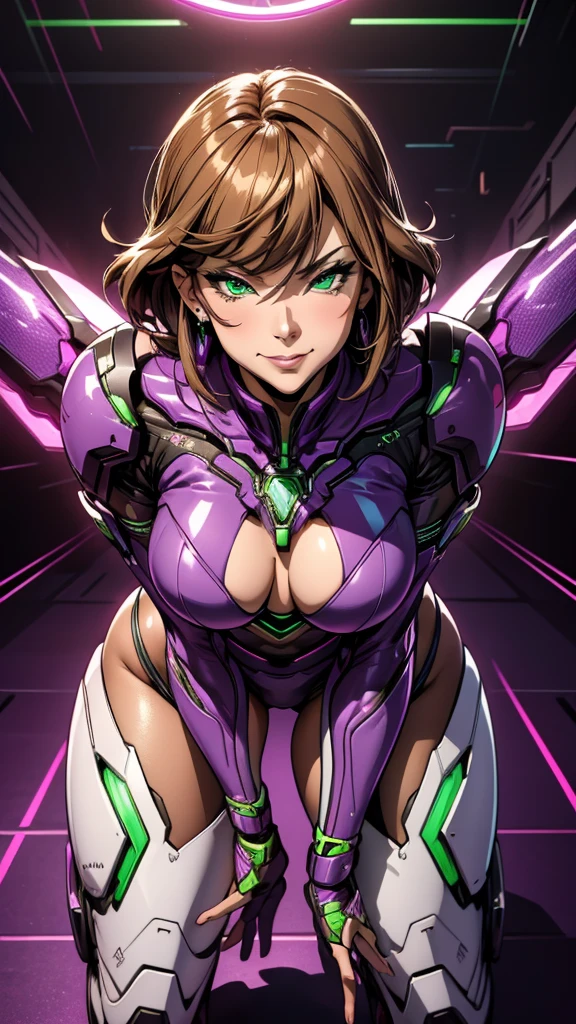 masterpiece, highest quality, (solo focus), (perfect face:1.1), (full body), (high detail:1.1), (hyper detailed eyes), 1girl, dramatic, bright green eyes, solo, arrogant expression, neon purple cybernetic outfit, art by artgerm, cinematic lighting, fashion, small chest, extremely detailed face, adult face, mature face, milf face, adult body, green emerald eyes, foxy mature eyes, adult milf eyes, extremely detailed eyes, long eyelashes, eyeliner, frowned eyebrows, smirk smile, malicious smile, sly smile, closed mouth, full lips, brown hair, straight hair, straight bangs, shoulder length hair, medium length hair, purple clothes, hourglass body, small boobs, small breasts, large hips, thick thighs, big butt, pierced ear, piercing on ears, mature expression, purple neon background