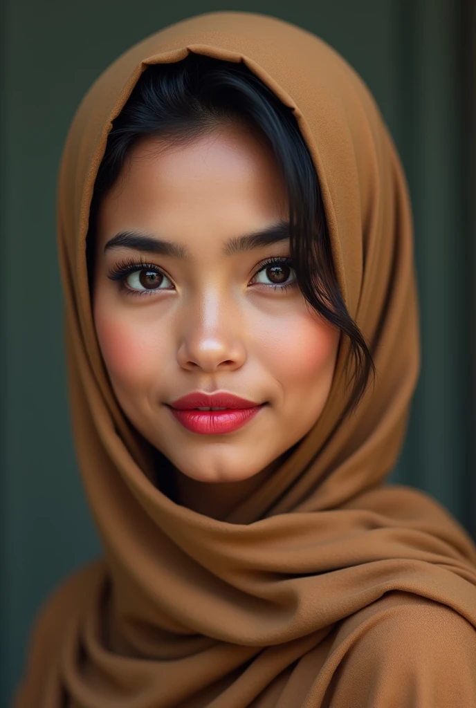 a young Indonesian mother wearing a light brown headscarf with bright red lips