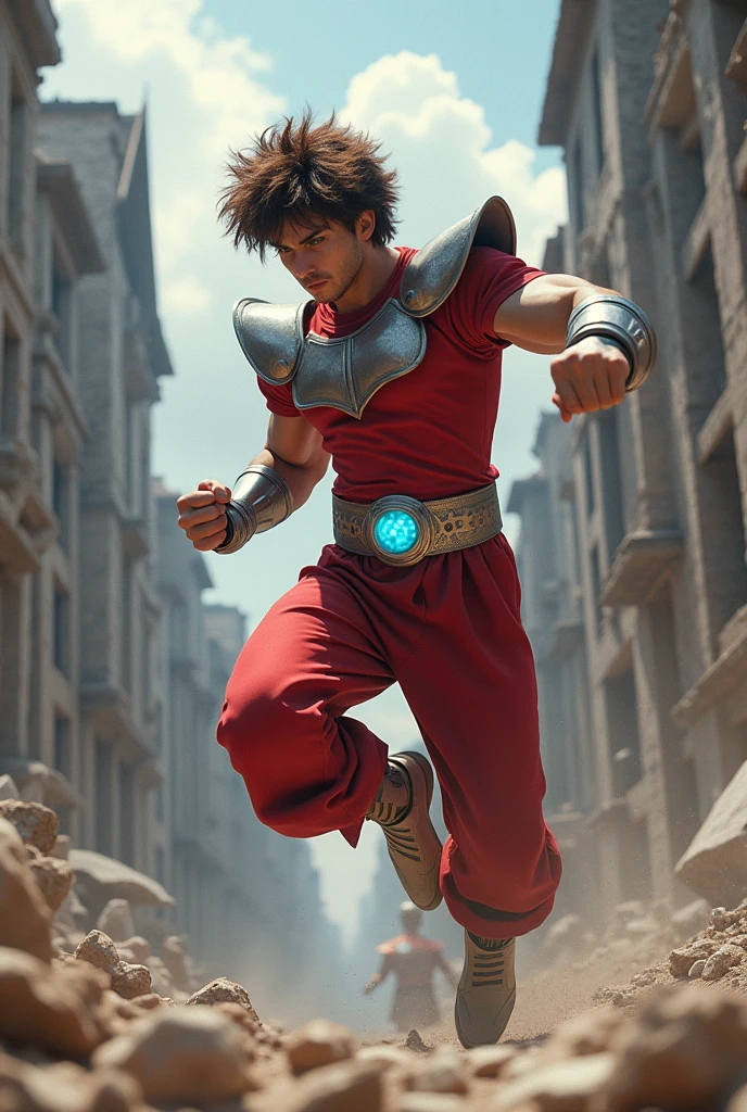 full body photo, A real man similar to Pegasus Seiya in the Saint Seiya movie., Seiya-style short brown hair, Red tight short-sleeved shirt and long pants, Wearing a silver headgear, Chest protection equipment, limbs, Silver belt with blue light on the front, Jumping and punching movements, The ruined city of Athens in the background, Ultra HD, Smoke and lightning effects, It is detailed and complex., Exaggerated, The skin looks very realistic., Very realistic.