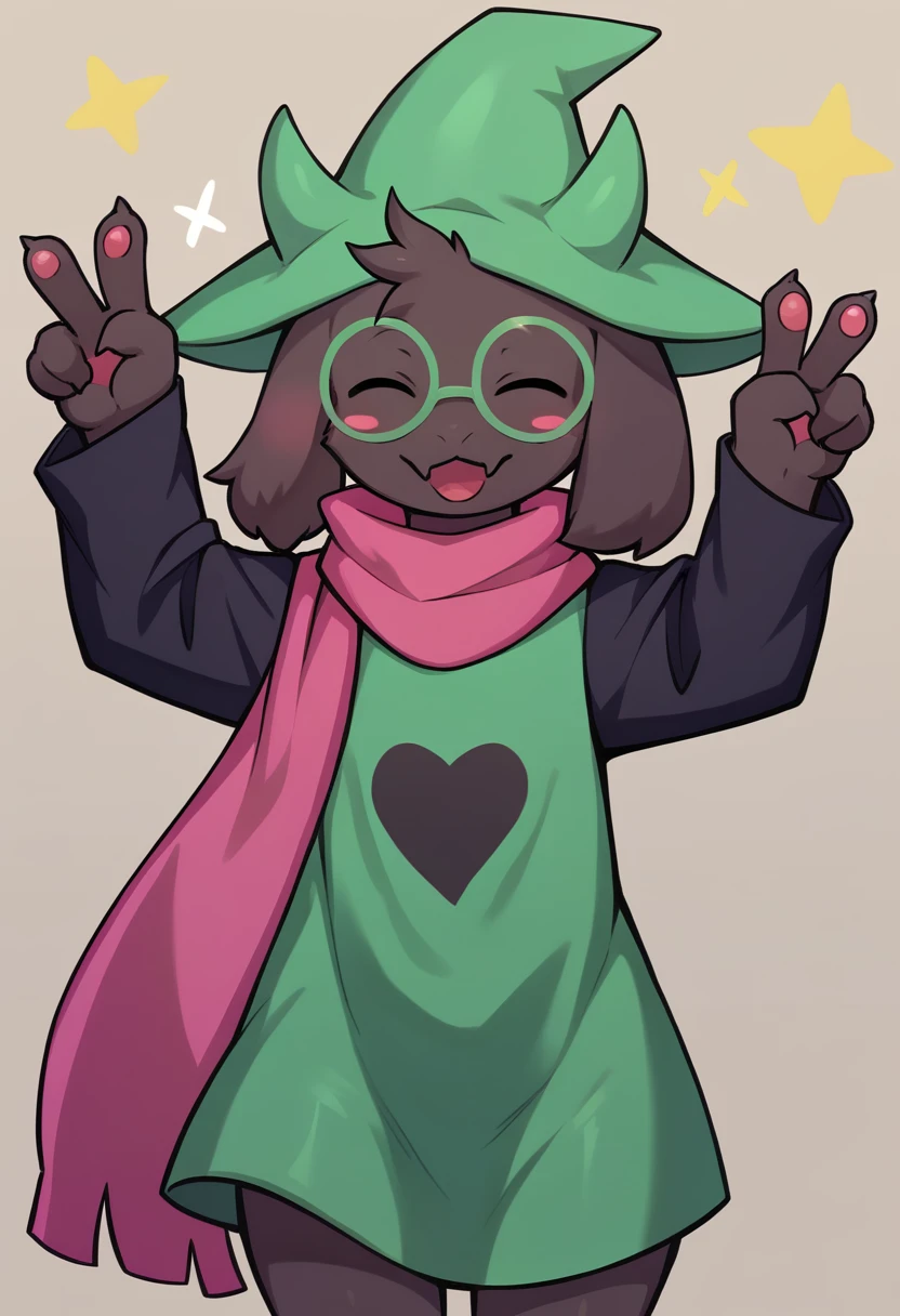  (score_9, score_8_up),furry, fur, face, Ralsei(deltarune), goat, dark fur, Green horns (they're usually pink, but the hat is covering them), black sleeves, cute, green glasses, hat, green shirt, standing, arms up with his hands doing the peace sign,pink scarf,closed eyes, happy, smug face,  wide hips, {{Artist: %greatm8%}},  1furry, solo, blushing, male, snout bitting the scarf's top, Stickers