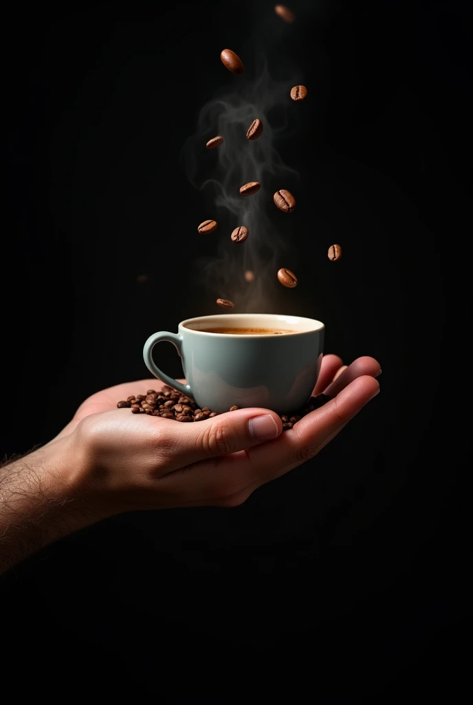 Image of a male hand holding a cup of coffee with several coffee beans floating around the man, very realistic with a black background