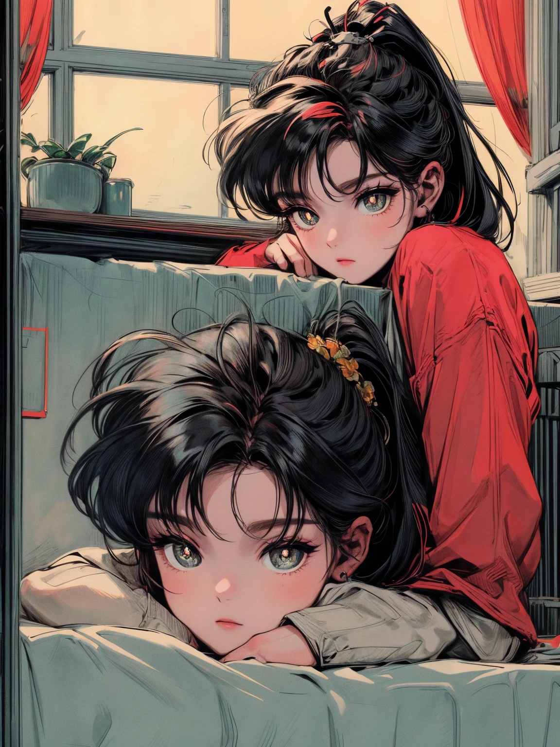beni, solo, 1girl, yellow_pupils, black_hair, high_ponytail, red_flower_hair_ornament, Contemplating, (((background bedroom))), window, sleeping, table, large bedroom side, small character, overview