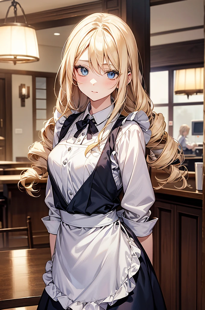 hd, Anime girl, clean and meticulous anime art, blonde hair, drill hair, ojou-sama, beautiful anime art style, cute anime girl portrait, light blue eyes, lovely art style, Soft anime illustration, waitress, thin waist, apron, long hair, upper body, standing, café, interior