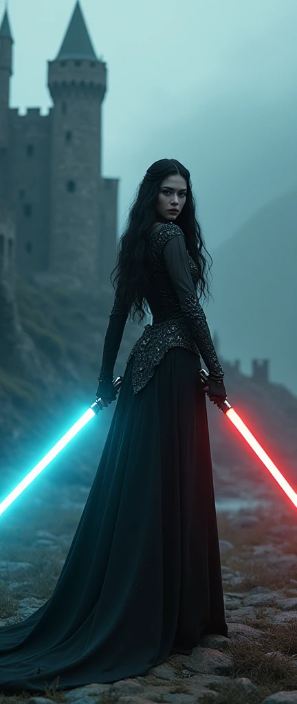 detailed dark elf woman, long elegant with a lightsaber medieval castle grounds, moody dramatic lighting, fantasy concept art, deep saturated colors, highly detailed, cinematic composition, photorealistic, 8k, (best quality,4k,8k,highres,masterpiece:1.2),ultra-detailed,(realistic,photorealistic,photo-realistic:1.37)