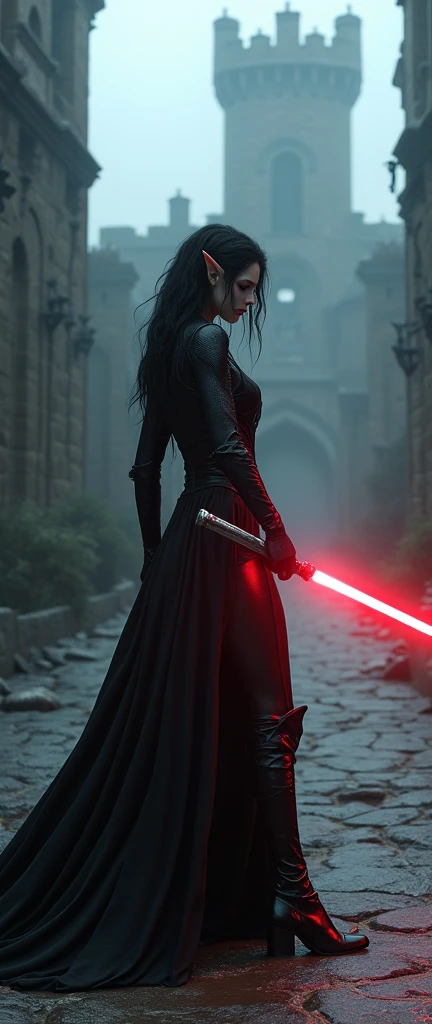 detailed dark elf woman, long elegant with a lightsaber medieval castle grounds, moody dramatic lighting, fantasy concept art, deep saturated colors, highly detailed, cinematic composition, photorealistic, 8k, (best quality,4k,8k,highres,masterpiece:1.2),ultra-detailed,(realistic,photorealistic,photo-realistic:1.37)