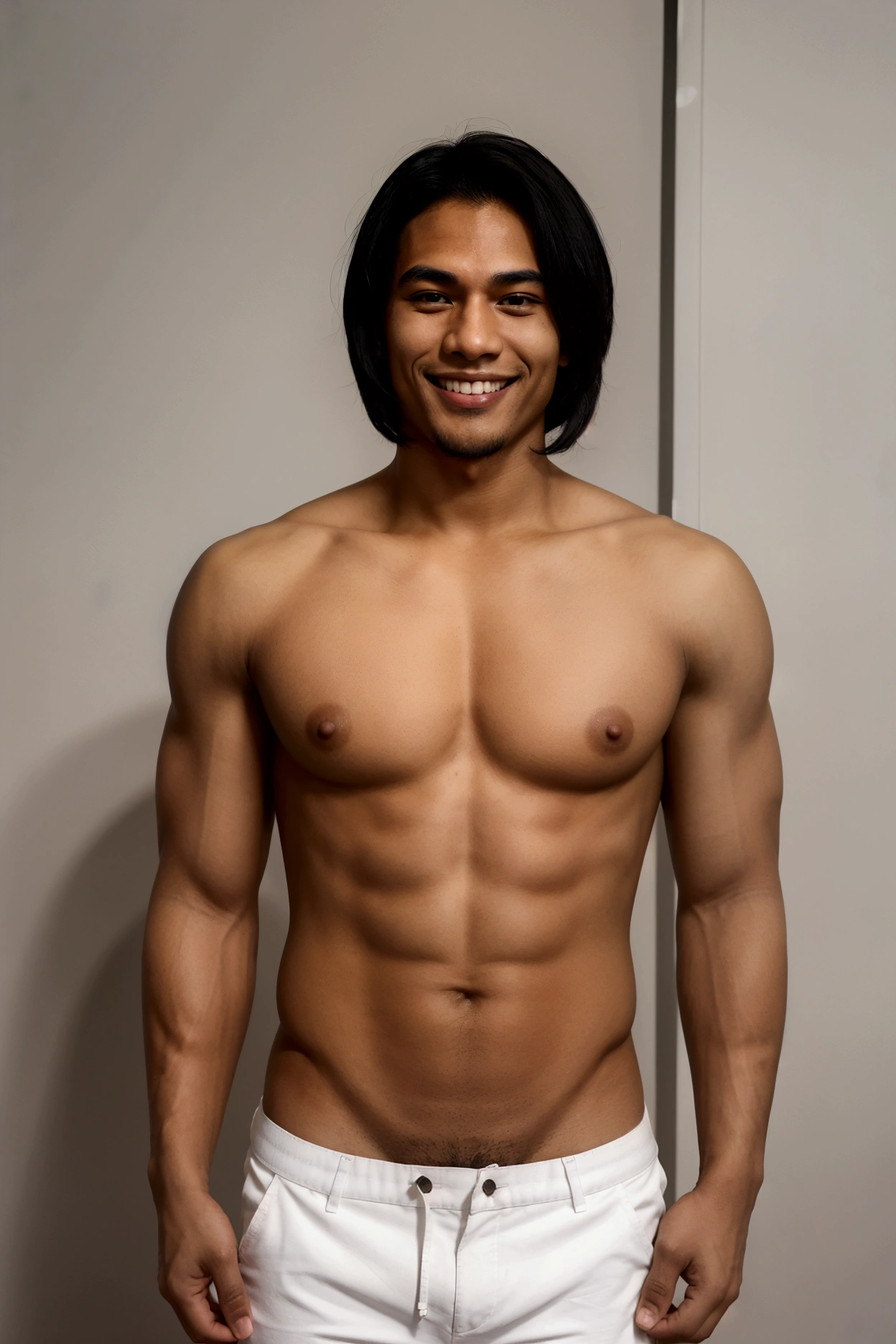 a 2 man who is part Phillipino, black, white, and Italian. he is 6'0 and well built. he has shoulder length black hair. He is seductively smiling, it is nsfw
