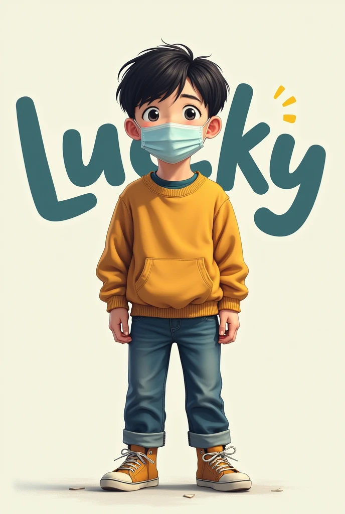 Korean teen boy wearing mask and letter lucky behind him full body and all words
