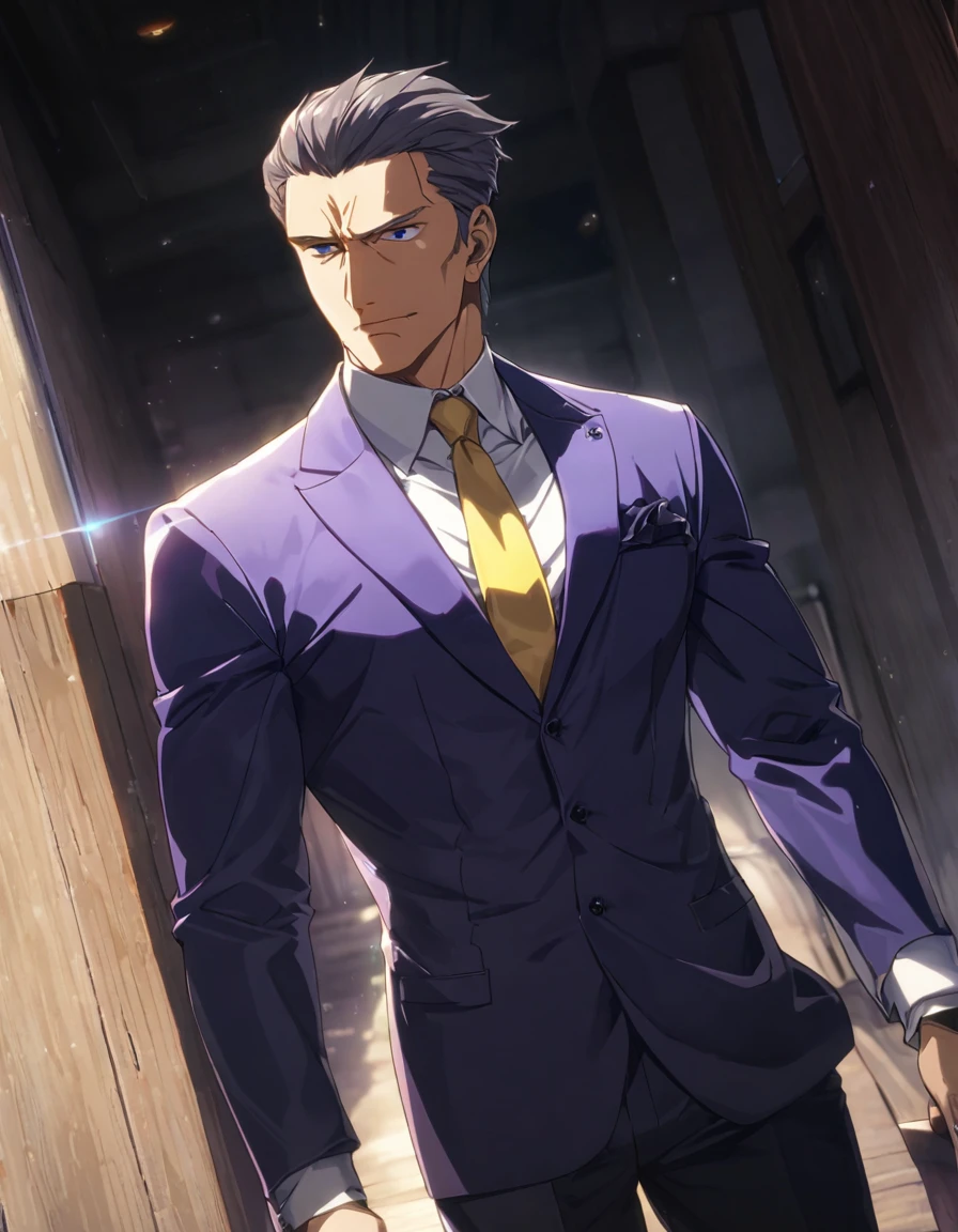 1man, solid mature male, masculine president, spiked slicked back, darkolive hair, darkblue eyes, businessman hairstyle, BREAK ideal ratio body proportions, borad face, toned japanese, dignified playboy, BREAK violet formal jacket, purplewhite shirt, yellow necktie, BREAK solo, cool emotion, romance, BREAK solo, upperlegs, stylish expression, game keyvisual, 2000s, in eroge style, in persona style, BREAK depth of field, dutch angle, cinematic shadows, cinematic lighting, lens flare, light leaks, texture, absurdres absolutely resolution, extreme all detailed, greatest painting, BREAK masterpiece, best quality